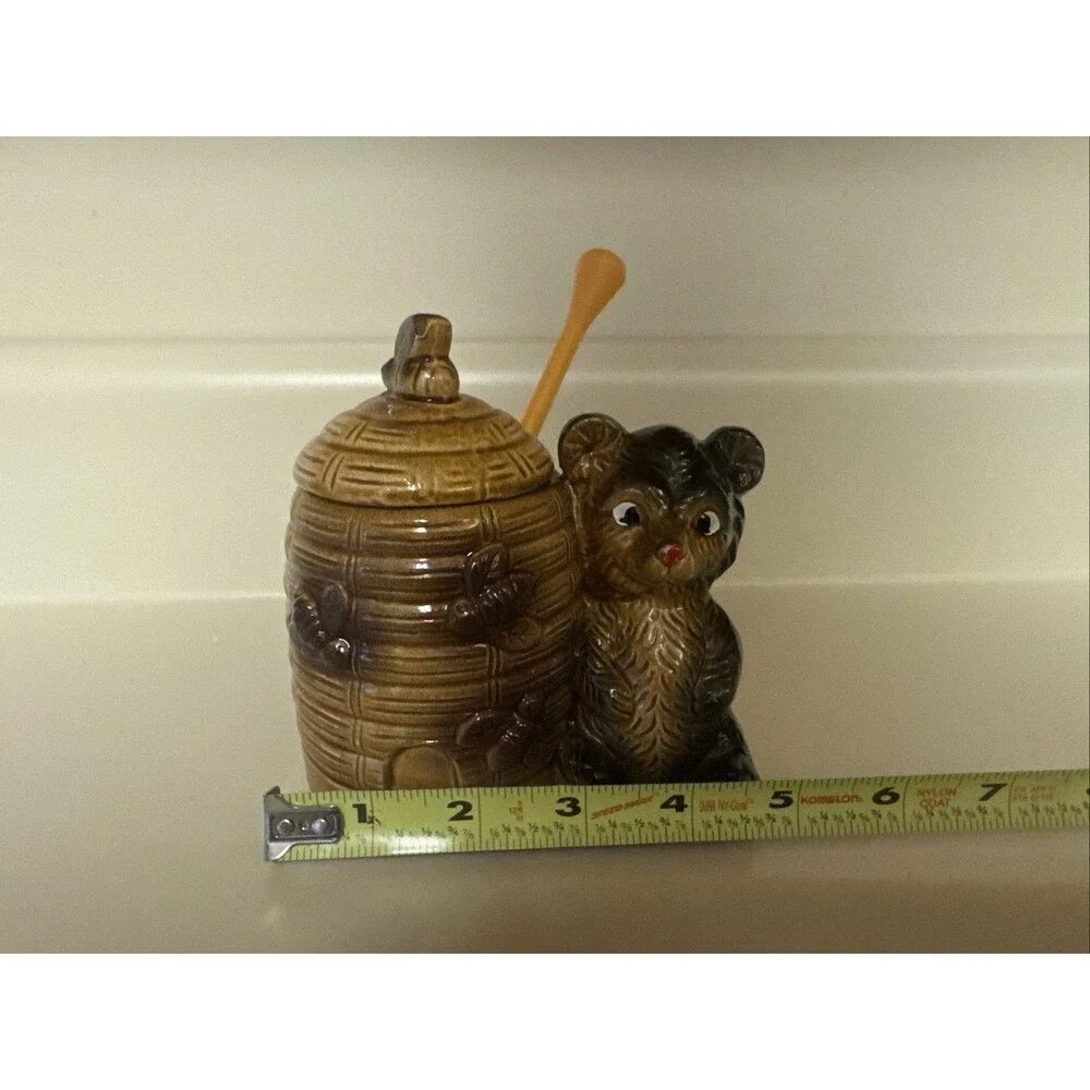 Honey Pot Bear & Bee Hive Armbee Japan with stir stick Vtg Retro Kitchen Decor